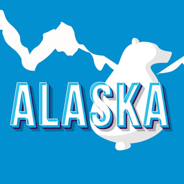 Alaska vintage 3d-vector belettering. retro vet lettertype, lettertype. popart gestileerde tekst. brieven in oude schoolstijl. 90s, 80s poster, bannerontwerp. ijsbeer, bergen, azuurblauwe kleur achtergrond