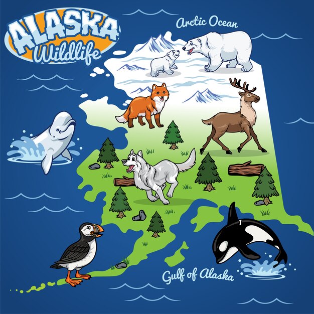 Alaska wildlife kaart in cartoon stijl