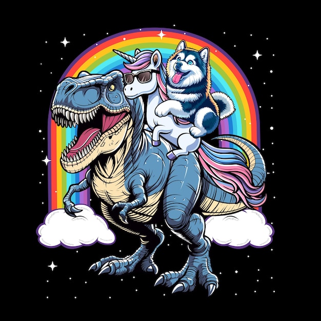 Vector alaskan malamute unicorn riding on t rex dinosaur tshirt design illustration