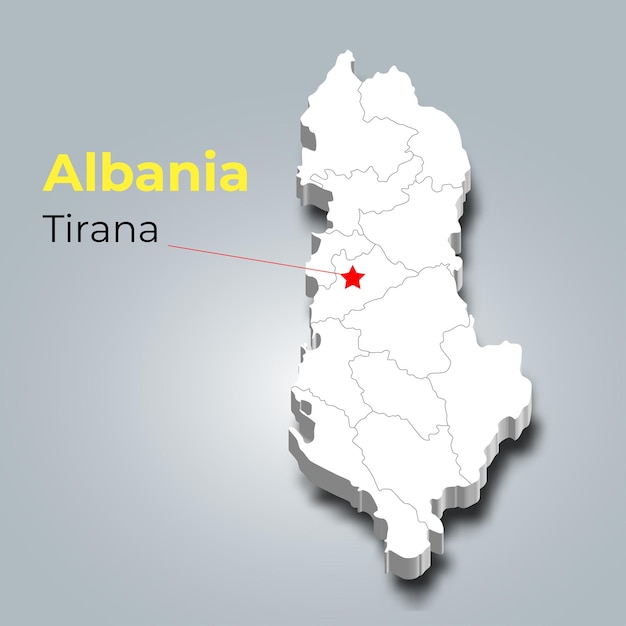 Albania 3d map with borders of regions and its capital