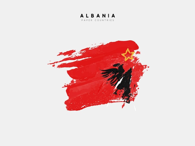 Подробная карта Албании с флагом страны. Написана акварельными красками в цвета национального флага.