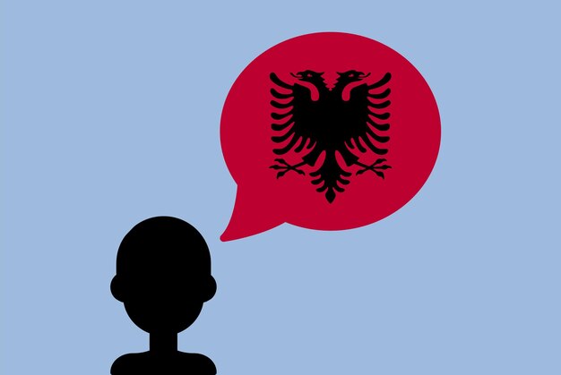 Albania flag with speech balloon silhouette man with country flag learning Albanian language