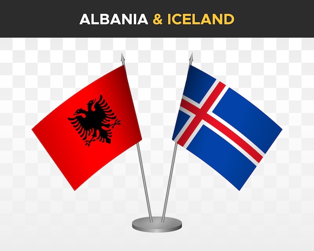 Albania and Iceland desk flags mockup isolated on white 3d vector illustration table flags