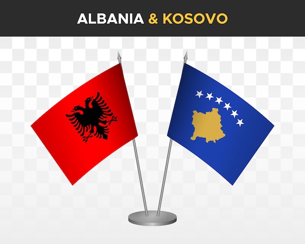 Albania and Kosovo desk flags mockup isolated on white 3d vector illustration table flags