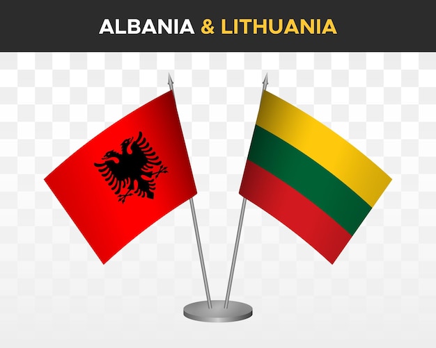 Mockup di bandiere da scrivania albania e lituania isolato su bandiere da tavolo bianche con illustrazione vettoriale 3d