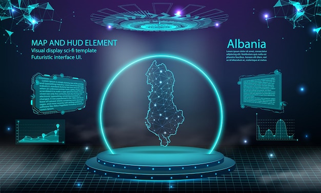 Albania mappa luce effetto di collegamento sfondo astratto tecnologia digitale ui gui hud futuristico interfaccia virtuale con mappa albania palco podio futuristico nella nebbia