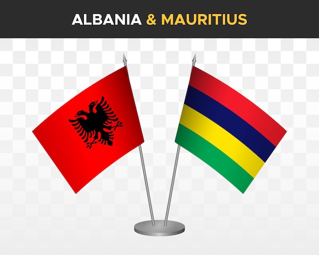 Albania and Mauritius desk flags mockup isolated on white 3d vector illustration table flags