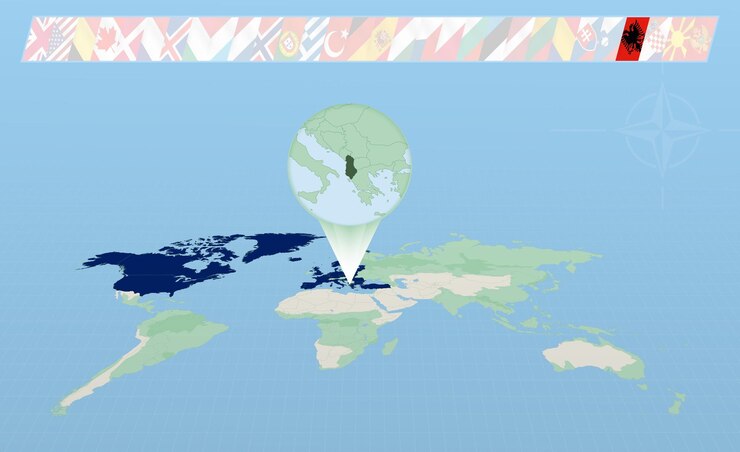 Vector albania member of north atlantic alliance selected on perspective world map