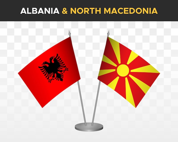 Mockup di bandiere da scrivania albania e macedonia del nord isolato su bianco bandiere da tavolo con illustrazione vettoriale 3d