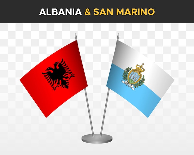 Albania and San Marino desk flags mockup isolated on white 3d vector illustration table flags