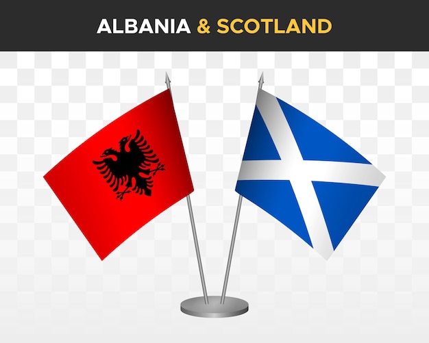アルバニアとスコットランドの机の旗のモックアップは、白い3dベクトルイラストテーブルフラグに分離