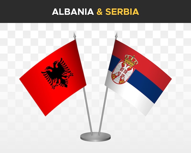 Albania and Serbia desk flags mockup isolated on white 3d vector illustration table flags