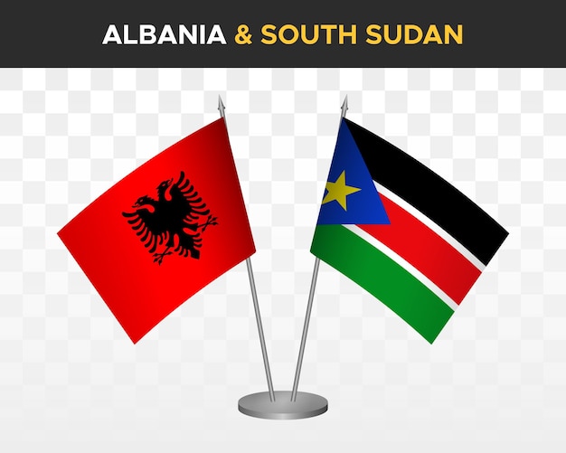 Albania and South Sudan desk flags mockup isolated on white 3d vector illustration table flags