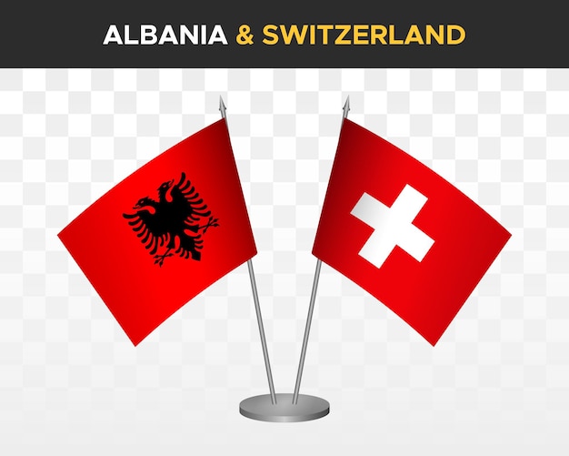 Albania and Switzerland desk flags mockup isolated on white 3d vector illustration table flags