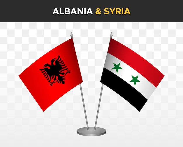 Albania and Syria desk flags mockup isolated on white 3d vector illustration table flags