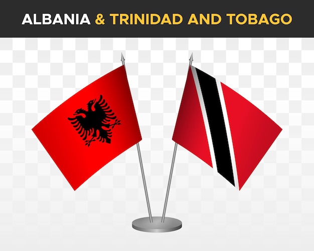 Albania and Trinidad Tobago desk flags mockup isolated on white 3d vector illustration table flags