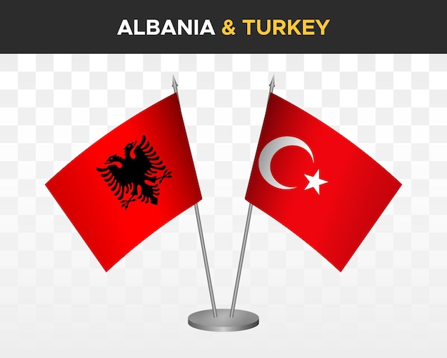 Albania and Turkey desk flags mockup isolated on white 3d vector illustration table flags