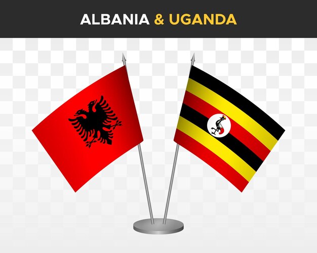 Albania and Uganda desk flags mockup isolated on white 3d vector illustration table flags