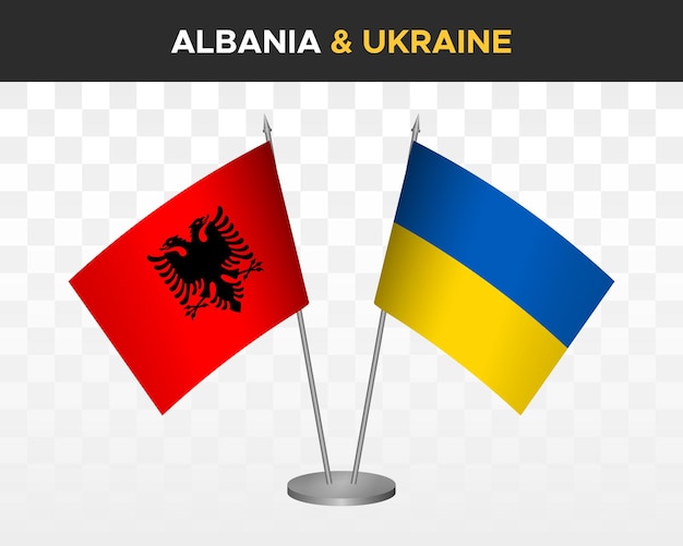 アルバニアとウクライナの机の旗のモックアップは、白い3dベクトルイラストテーブルフラグに分離