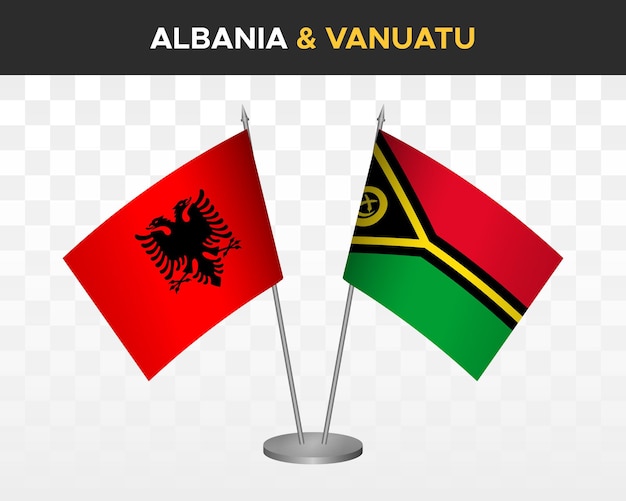 アルバニアとバヌアツのデスクフラグモックアップは、白い3dベクトルイラストテーブルフラグに分離