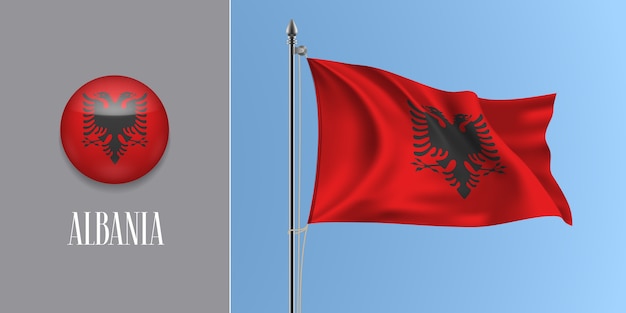 Albania waving flag on flagpole and round icon   illustration