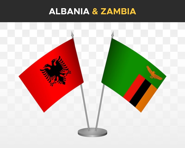 アルバニアとザンビアのデスクフラグモックアップは、白い3dベクトルイラストテーブルフラグに分離