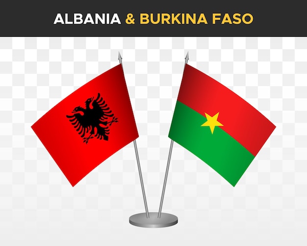 Albanië en burkina faso bureau vlaggen mockup geïsoleerd op witte 3d vector illustratie tafel vlaggen