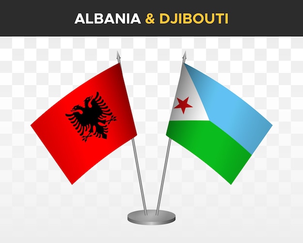 Albanië en Djibouti bureauvlaggen mockup geïsoleerd op wit 3d vector illustratie tafelvlaggen