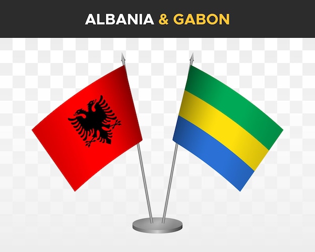 Albanië en Gabon bureau vlaggen mockup geïsoleerd op wit 3d vector illustratie tafel vlaggen