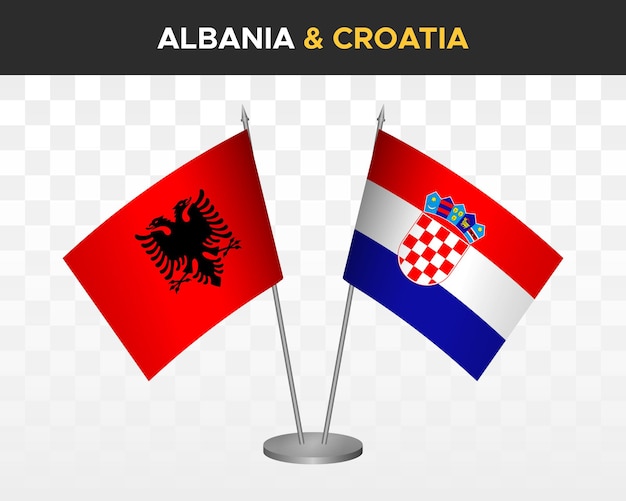 Albanië en Kroatië bureau vlaggen mockup geïsoleerd op wit 3d vector illustratie tafel vlaggen