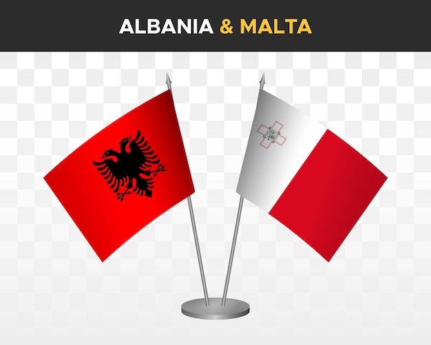 Albanië en Malta bureau vlaggen mockup geïsoleerd op wit 3d vector illustratie tafel vlaggen