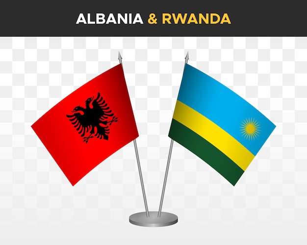 Albanië en Rwanda bureauvlaggen mockup geïsoleerd op wit 3d vector illustratie tafelvlaggen