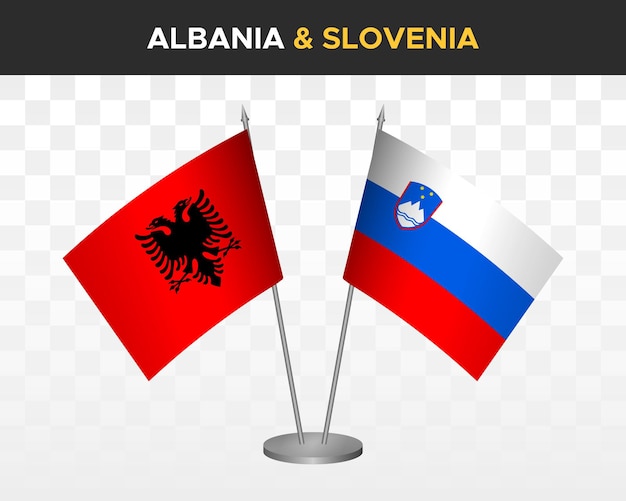 Albanië en Slovenië bureau vlaggen mockup geïsoleerd op wit 3d vector illustratie tafel vlaggen