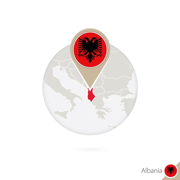 Albanië kaart en vlag in cirkel. Kaart van Albanië, Albanië vlag pin. Kaart van Albanië in de stijl van de wereld. Vectorillustratie.