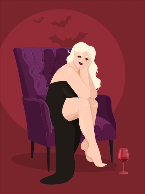 Vector albino girl in a vampire costume, a black dress with a slit sits in a vintage style armchair