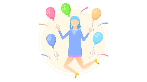 Vector albino pale skin girl with balloons celebrates a birthday cartoon people character concept