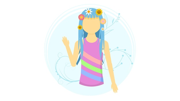 Albino Pale Skin Girl With Flowers In Her Hair Waving Cartoon People Character Concept Illustration