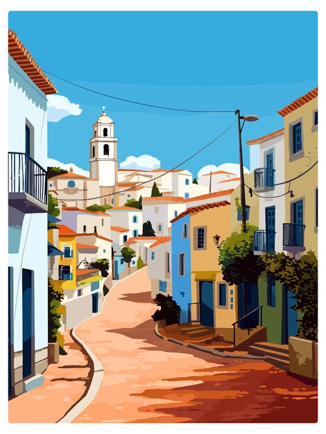 Vector albufeira portugal cascais vintage travel poster souvenir postcard portrait painting illustration