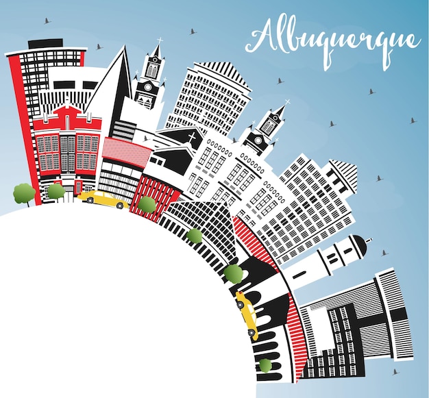 Vector albuquerque new mexico city skyline with color buildings blue sky and copy space