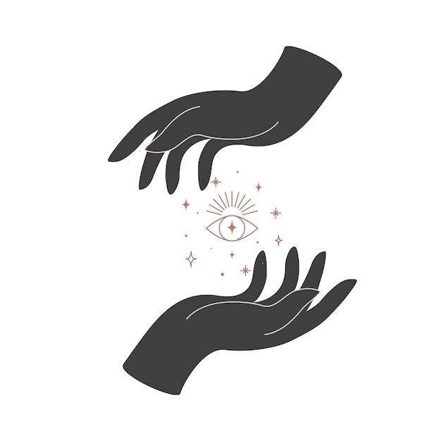 Alchemie esoterische mystieke magische hemelse talisman met vrouwenhanden en heilige ooggeometrie. Spiritueel occultisme object. vector illustratie