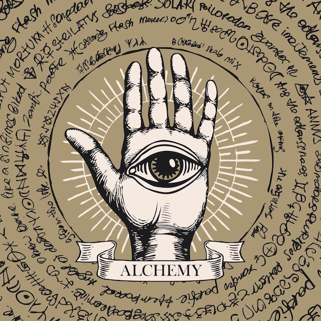 Alchemieposter met alziend oog in open handpalm