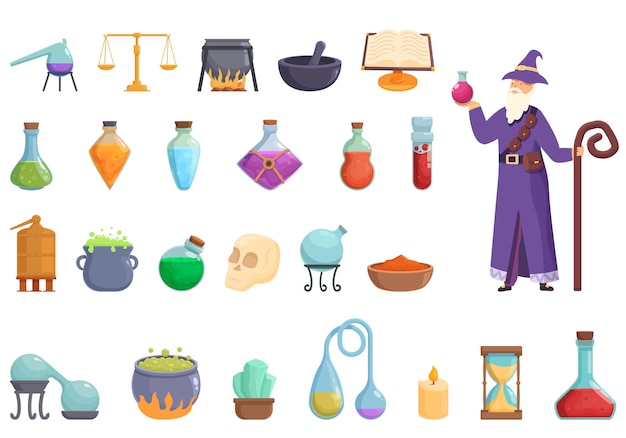 Vector alchemist icons set cartoon vector magic tool