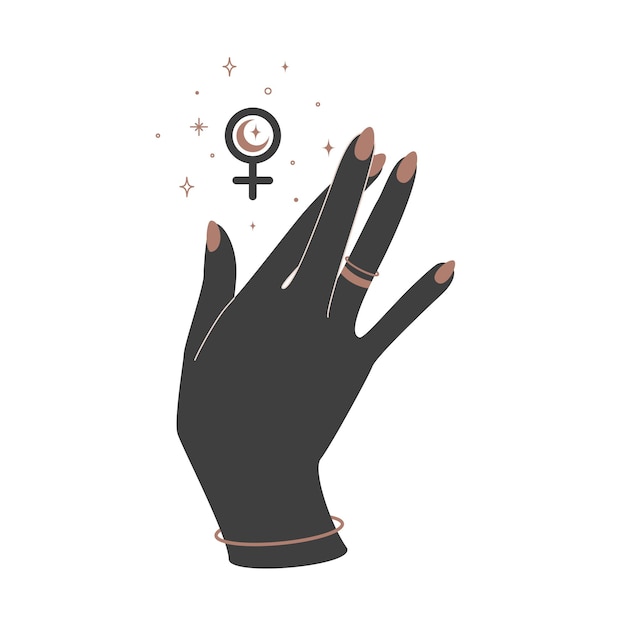 Alchemy esoteric mystical magic celestial talisman with woman hand with crossed fingers and female sign. spiritual occultism object. vector illustration.