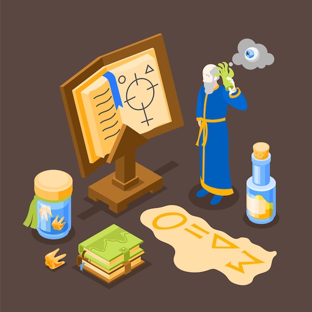 Vector alchemy isometric background with human character of alchemist and various tools for alchemical experiments 3d vector illustration