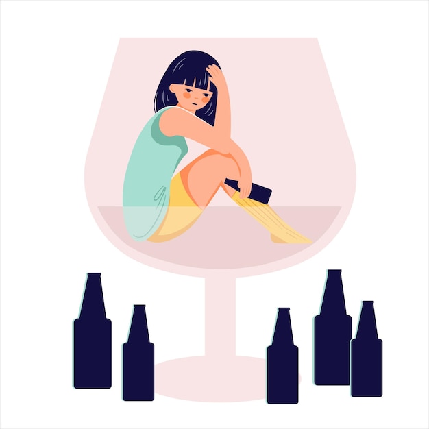 Alcohol abuse addiction concept hand drawn drunk woman illustration