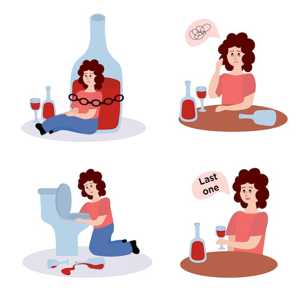 Vector alcohol abuse and addiction concept set of drunk woman with bottles of alcoholic drinks