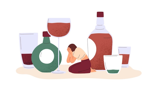 Alcohol abuse, excess and addiction concept. Unhappy addicted drunk woman suffering from alcoholism, booze, hangover among bottles. Flat graphic vector illustration isolated on white background.