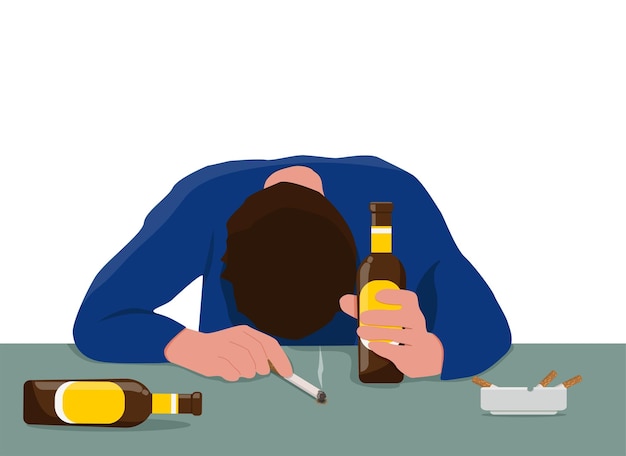 Alcohol addiction smoking bad habits a drunk man fell asleep with an unfinished cigarette