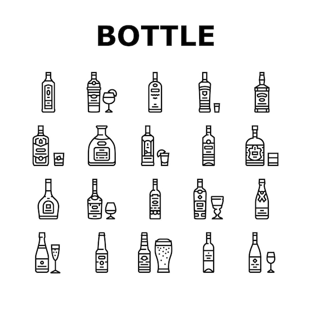 Alcohol bottle glass drink bar icons set vector