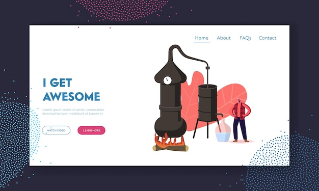 Vector alcohol brewing process in home conditions landing page template.